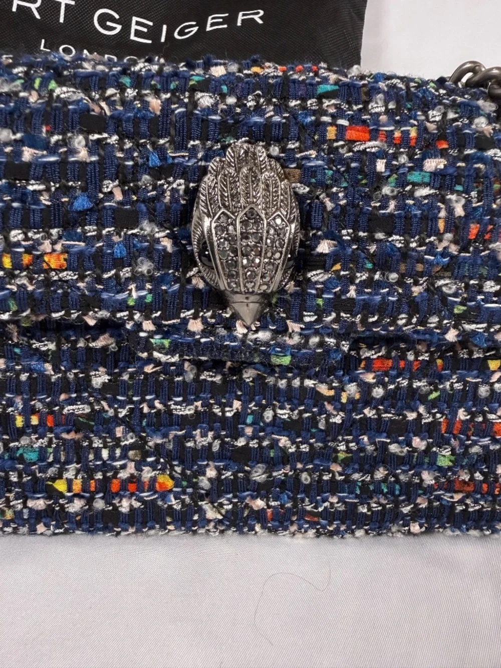 Kurt Geiger London Kensington Blue Multicolor Tweed Eagle Chain Bag